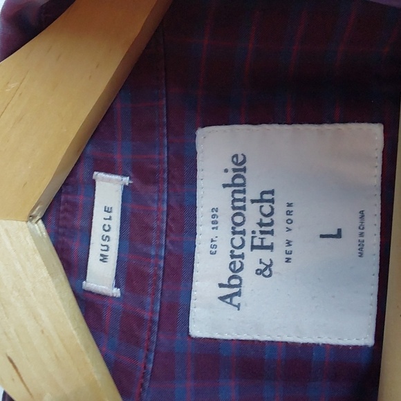 Abercrombie and Fitch Mens Burgundy Red Blue Plaid Pocket Shirt TINY FLAW Sz.L - Picture 11 of 12